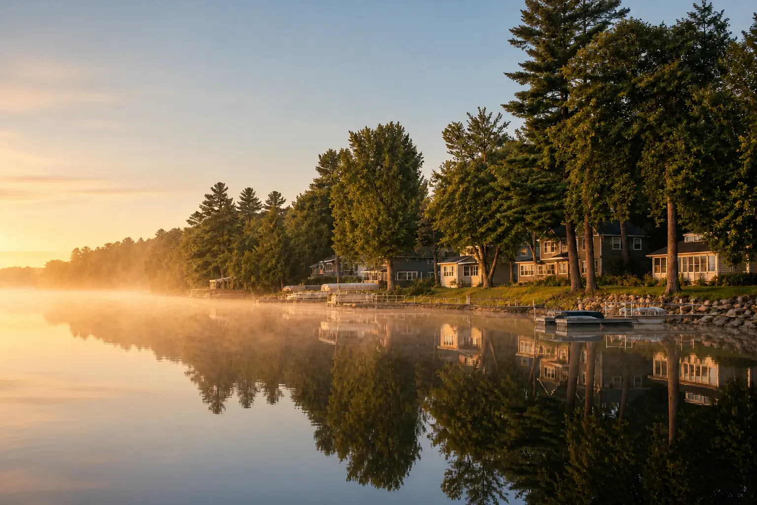 A calm Minnesota lake bordered by homes and mature trees