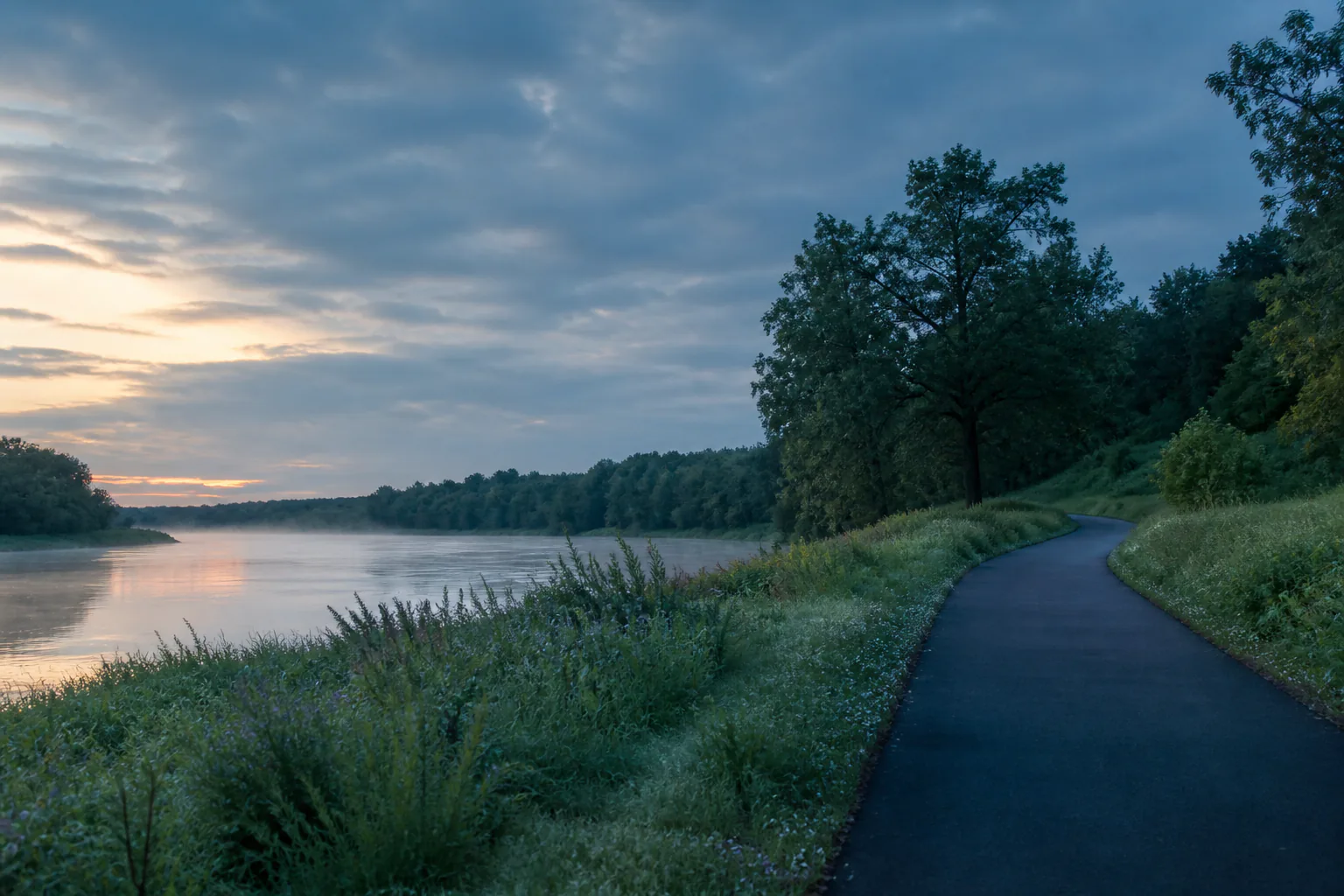 A riverfront trail at sunrise