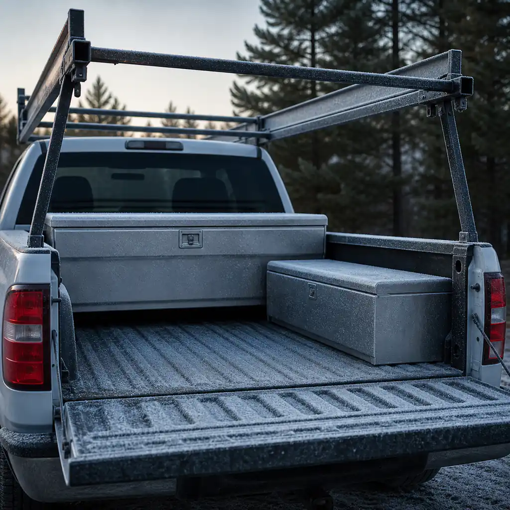 An organized work-truck bed with toolboxes