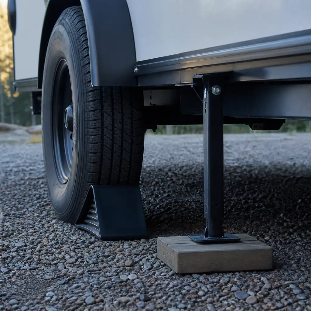 A camper wheel secured with a chock and stabilizer